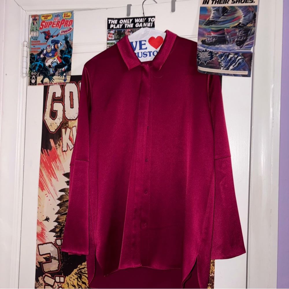 Halston Heritage Satin-Look Magenta Button Down